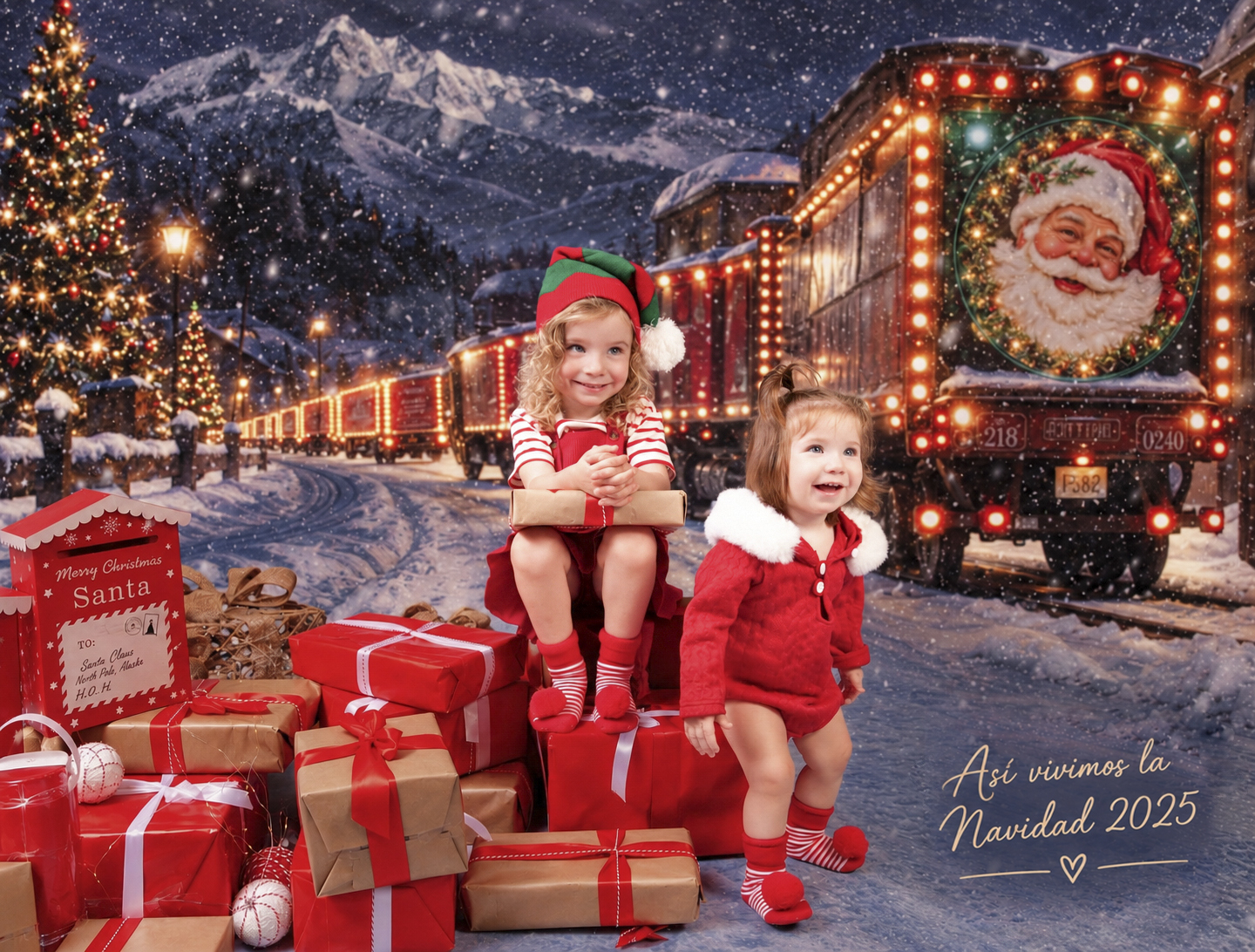 Niñas en un escenario de Navidad en Albacete